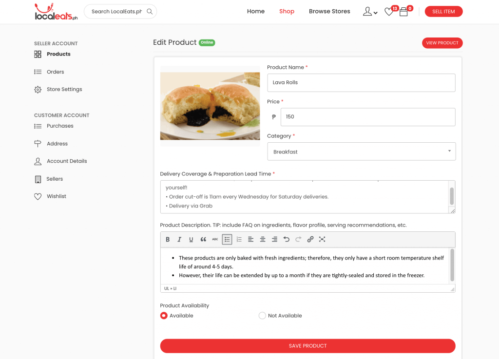 LocalEats.ph Edit Your Product Details